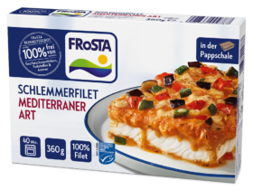 Eine Schachtel FRoSTA Schlemmerfilet Mediterraner Art, tiefgekühltes Fischfilet, belegt mit mediterranem Gemüse, 360 g, 100 % Filet, 40 Min. Garzeit.