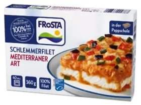 Eine Schachtel FRoSTA Schlemmerfilet Mediterraner Art, tiefgekühltes Fischfilet, belegt mit mediterranem Gemüse, 360 g, 100 % Filet, 40 Min. Garzeit.