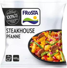 FRoSTA Steakhouse Pfanne: Gemüseschale mit Steakstücken, 450g, ohne Zusatzstoffe. Zubereitungszeit ca. 8 Minuten.