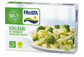 Eine Packung FRoSTA Kohlrabi mit Romanesco in Bärlauchbutter – Kohlrabigemüse & Romanesco-Brokkoli in Sahnesauce. 380 g, vegetarisch.