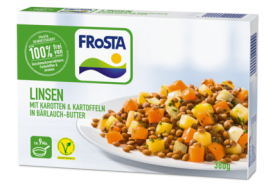Eine Packung FRoSTA Linsengemüse, ein vegetarisches FRoSTA Tiefkühlgericht mit Linsen, Karotten, Kartoffeln in Bärlauchbutter – 100 % natürlich, ohne Zusatzstoffe.
