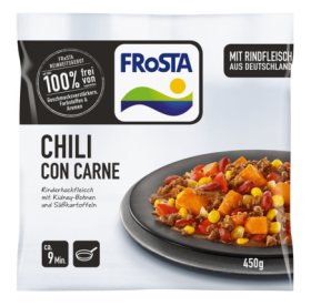 A FRoSTA Chili Con Carne: Teller mit Rindfleisch, Bohnen, Mais & Süßkartoffeln. Ohne Zusatzstoffe, Rind aus Deutschland. 450g.
