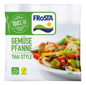 Eine Packung FRoSTA Gemüse Pfanne Thai Style mit kräftigem Gemüse. Diese FRoSTA Tiefkühlprodukte sind vegan, ohne Zusätze, 480g.