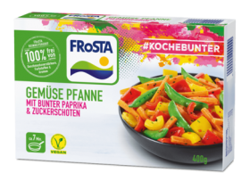 Eine Packung FRoSTA Gemüse Pfanne mit Zuckerschoten und Paprika, vegan, 400g. FRoSTA betont: „100% frei von Zusätzen“ und #kochebunter.
