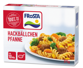 Eine Schachtel FRoSTA Hackbällchen Pfanne mit Nudelspiralen, saftigen Hackbällchen, Brokkoli, Karotten und gelber Paprika. 375 g.