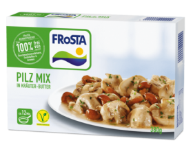 Eine Dose FRoSTA Pilz-Mix in Kräuterbutter mit Pilzen in Pilzbuttersauce, 100 % frei von Zusatzstoffen, 380 g. Nur FRoSTA Tiefkühlprodukte.