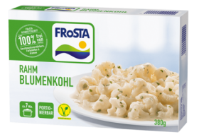 Eine Schachtel FRoSTA Rahm Blumenkohl Tiefkühlprodukt: cremiger Rahm Blumenkohl mit Kräutern, schnelle Zubereitung, hochwertige FRoSTA Qualität.