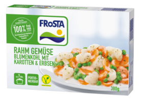 Eine Schachtel FRoSTA Tiefkühlprodukte: Rahm Blumenkohl und Erbsen mit Karotten, natürliche Zutaten, in 7 Minuten zubereitet.