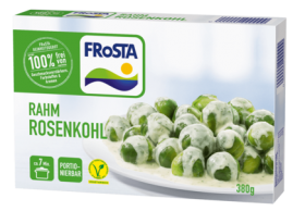 Schachtel FRoSTA Rahmrosenkohl zeigt Rahmrosenkohl in weißer Sauce. Die grün-weiße Verpackung trägt Infos und das vegetarische Symbol.