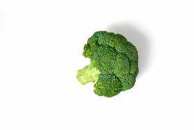 Ein Kopf frischer Brokkoli oder FRoSTA-Tiefkühl-Brokkoli mit grünem Röschen auf weißem Hintergrund und sanftem Schatten.