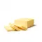 Ein rechteckiger Block FRoSTA-Tiefkühlbutter darauf mit drei dicken Scheiben, angeordnet auf weißem Hintergrund.