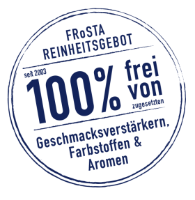 Auf einem blauen Rundstempel mit deutschem Text steht: 100 % frei von Zusatzstoffen, Farbmitteln & Aromen. Gilt für FRoSTA Tiefkühlprodukte nach Reinheitsgebot.