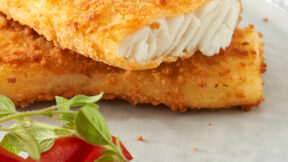 Zwei panierte FRoSTA Fischfilets auf weißem Teller mit frischen Kräutern und Paprika, knusprig und nach reinheitsgebotähnlicher Qualität zubereitet.