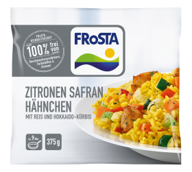 Eine Packung FRoSTA Zitronen Safran Hähnchen: gelber Reis, Hähnchen, Gemüse & Kräuter. Ohne Zusätze, 375g – FRoSTA Tiefkühlprodukt.