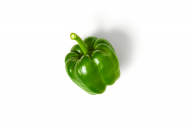 Eine einzelne grüne Paprika mit Stiel, von oben fotografiert auf weißem Hintergrund – ideal für FRoSTA Tiefkühlprodukte.