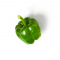 Eine einzelne grüne Paprika mit Stiel, von oben fotografiert auf weißem Hintergrund – ideal für FRoSTA Tiefkühlprodukte.