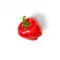 Eine einzelne rote Paprika mit grünem Stiel liegt auf weißem Hintergrund, neben ihren FRoSTA-Tiefkühlprodukten, Schatten rechts.
