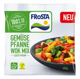 Eine Packung FRoSTA Gemüse Pfanne Wok Mix: 480g veganes FRoSTA Gemüse, leicht scharf, frei von Zusatz-, Aroma- und Farbstoffen.