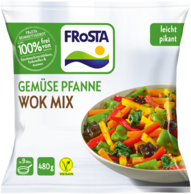 Eine Packung FRoSTA Gemüse Pfanne Wok Mix zeigt buntes Gemüse in einer Schüssel. Vegan, 480g, „leicht pikant“, Highlights der FRoSTA Wok-Mischung.