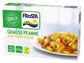 Eine Packung FRoSTA Gemüse Pfanne Asia Curry Küche, 400g, vegan – mit buntem Gemüse und grünem Hinweis auf Reinheit und schnelle Zubereitung.