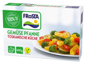 Eine Box FRoSTA Gemüse Pfanne Toskanische Küche: Brokkoli, Zucchini, Paprika – vegetarisch, 400g, inspiriert von Toskanische Küche, in 12 Min. fertig.