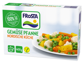 Eine Schachtel FRoSTA Gemüse Pfanne Nordische Küche Tiefkühl-Gemüsemischung mit Erbsen, Karotten, Blumenkohl und Kürbis – vegetarisch, 400 g.