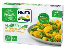 Eine Schachtel FRoSTA Gemüse Beilage zeigt gemischtes Gemüse mit gelben Karotten, grünem Spargel, Romanesco sowie Rucola und Butter, 300g.