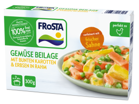 Eine Schachtel FRoSTA Gemüsebeilage, mit Karotten und Erbsen in Rahmsauce. Frisch, ohne Zusätze, 300g Portion im Bild auf der Verpackung.