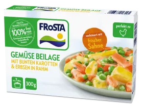Eine Schachtel FRoSTA Gemüsebeilage, mit Karotten und Erbsen in Rahmsauce. Frisch, ohne Zusätze, 300g Portion im Bild auf der Verpackung.