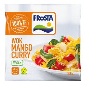 Eine 500g Packung FRoSTA Wok Mango Curry: vegan, mit gelbem Reis, Mango, Brokkoli, Paprika & Erbsen. 100% ohne Zusatzstoffe – superfrisch!.