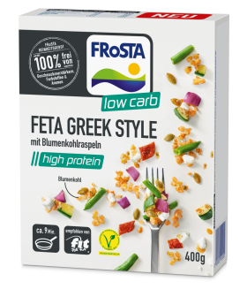 Eine Packung FRoSTA Low Carb Feta Greek Style Tiefkühlprodukt mit Blumenkohl, Erbsen und Kräutern – 100% ohne Zusätze, jetzt bei Produktfriedhof.