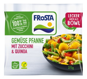 Eine Packung FRoSTA Gemüsepfanne mit Zucchini und Quinoa: Bunte Schale, vegane 375g-Verpackung, natürliche Zutaten – typisch FRoSTA.