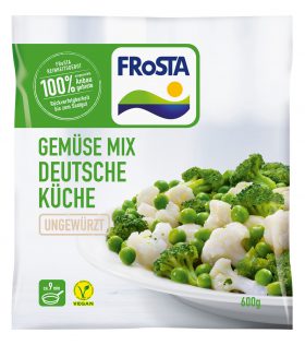 Eine Packung FRoSTA Gemüse Mix Deutsche Küche mit Brokkoli, Blumenkohl und Erbsen – vegan, ungewürzt, 600g, manchmal beim Produktfriedhof.