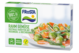 Eine Packung FRoSTA Rahm Gemüse mit cremigem Gemüse, vegetarisch, portioniert und ohne Zusätze – der Klassiker unter den FRoSTA Tiefkühlprodukten.
