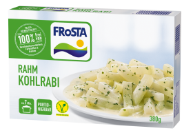 Eine Schachtel FRoSTA Rahm Kohlrabi zeigt cremige Kohlrabistücke mit Kräutern, vegetarisch, ohne Zusätze, 380g – ein FRoSTA-Klassiker.