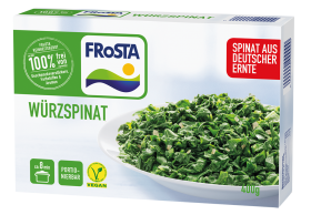 Eine Packung FRoSTA Würzspinat zeigt gehackten Spinat. Vegan, 8 Min. Zubereitung, aus deutschem Spinat, 400 g Inhalt.