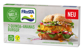 Eine FRoSTA-Tiefkühlprodukt-Box enthält 2 Quinoa-Ananas-Burger im Brötchen mit Gemüse, roten Zwiebeln, 180g.