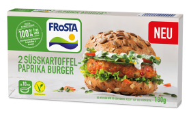 Eine Box FRoSTA 2 Süßkartoffel-Paprika-Burger liegt auf dem Produktfriedhof: vegetarisch, 180g, in 10 Min. fertig, NEU.