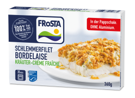 Eine Dose FRoSTA Schlemmerfilet Bordelaise, Kräuter-Crème Fraîche, auf einem Teller – goldene Kräuterkruste, 360g, ohne Zusätze: FRoSTA-Klassiker!.