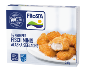 Eine Schachtel FRoSTA 14 Knusper Fisch Minis Alaska Seelachs zeigt panierte Nuggets, 280g, ohne Zusatzstoffe, MSC-zertifiziert – echt lecker!.