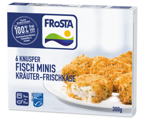 Eine Packung FRoSTA 6 Knusper Fisch Minis Kräuter-Frischkäse zeigt panierte Fischstücke mit Kräuterfrischkäse auf weißem Teller.