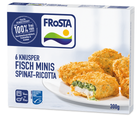 Eine Packung FRoSTA 6 Knusper Fisch Minis Spinat-Ricotta liegt auf einem Produktfriedhof: knuspriger FRoSTA-Fisch mit Spinat-Ricotta, ohne Zusatzstoffe.