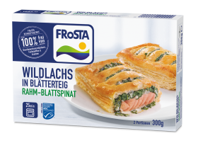 Schachtel FRoSTA Wildlachs im Blätterteig mit Spinat & Sahne. 2 goldene FRoSTA-Portionen, ideal für zwei Personen.