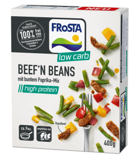 Eine Packung FRoSTA Low Carb Beef n Beans mit Paprika-Mix: proteinreich, 100 % natürlich, in 9 Min. fertig, 400 g. FRoSTA-Mahlzeit auf der Verpackung abgebildet.