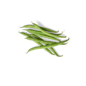 Sechs frische FRoSTA-Tiefkühl-Bohnen liegen leicht verstreut auf schwarzem Hintergrund.