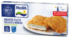 Box FRoSTA Knusperfilets: Zwei panierte Fischfilets, eines geöffnet mit Kräuterfüllung, auf weiß-blauem Hintergrund und klarer FRoSTA-Marke.