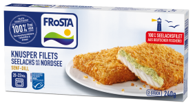 Verpackung für FRoSTA Knusperfilets: Nordsee-Seelachs mit Senf-Dill-Sauce. Karton zeigt zwei panierte FRoSTA Filets, deutscher Text, blau-gelbe Akzente.