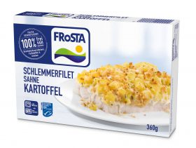 Eine FRoSTA Schlemmerfilet Sahne Kartoffel Tiefkühlprodukt-Packung enthält 360g Fischfilet mit cremigen Kartoffeln und Bröseln.