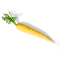 Eine einzelne FRoSTA-Tiefkühl-Gelbe Karotte mit grünem Blatt ist auf schwarzem Hintergrund isoliert zu sehen.