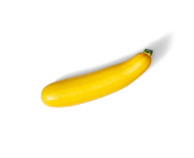 Eine einzelne gelbe Zucchini mit grünem Stiel, isoliert auf schwarzem Hintergrund – perfekt für FRoSTA Tiefkühlprodukte.